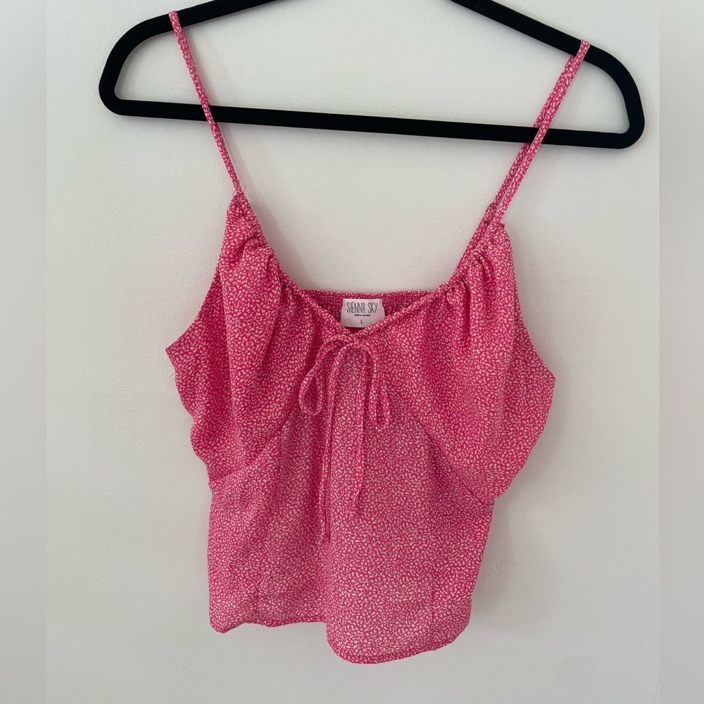 Sienna Sky Pink Spaghetti Strap Tank Top L- Adjustable Drawstring Gathered Neck